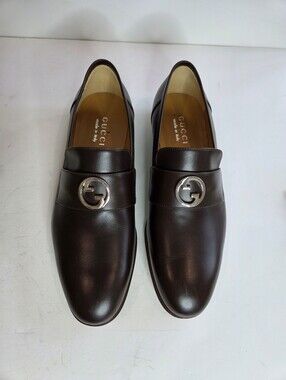 Gucci Brown Leather Slip-On Loafers with Silver GG NIB Size 7.5 - Waxed Calf